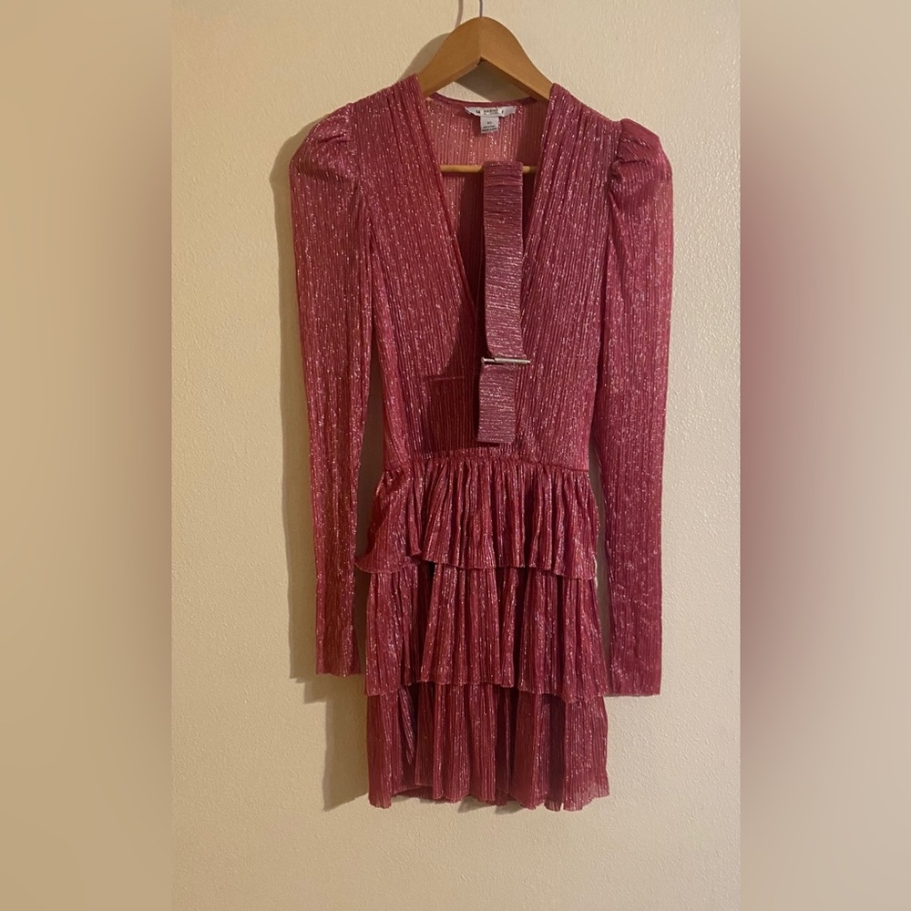 Sabina Musayev Carry Metallic Foil Ruffled Mini Dress Hot Pink Sz: XS